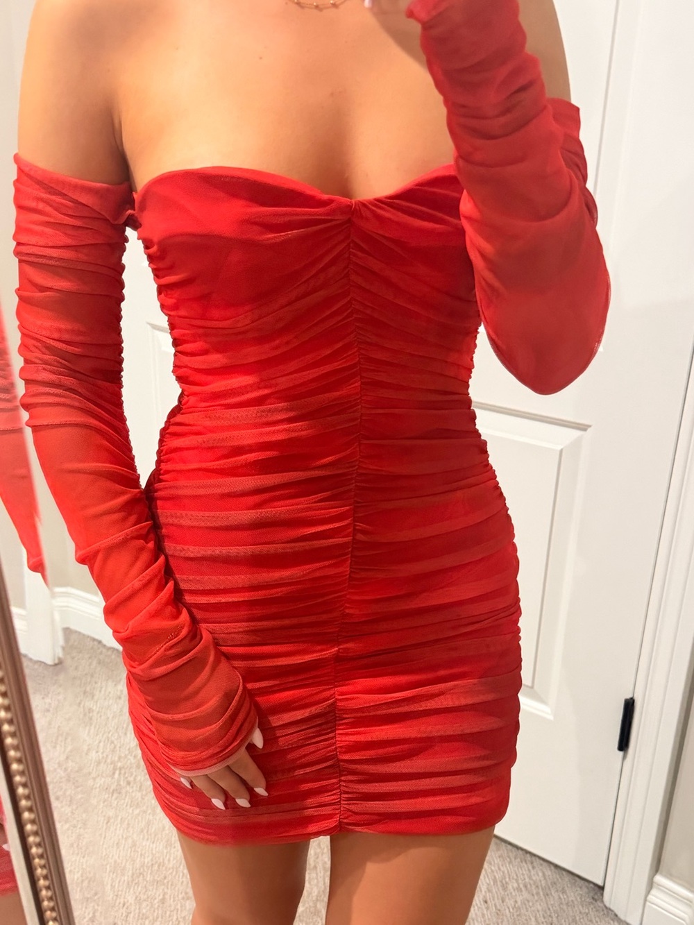 Zara Red Off-Shoulder Ruched Mesh sleeved Mini Dress